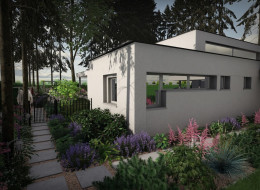 Projekt ogrodu leśnego z rzeźbami psów autorstwa Marty Grochowskiej został zrealizowany na działce silnie zadrzewionej, co od początku determinowało charakter i układ kompozycyjny założenia. 