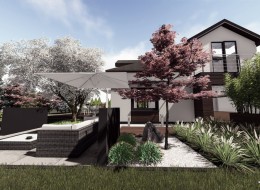 Opis zadania: Ze względu na architekturę budynku i liczne wyjścia na zewnątrz, w ogrodzie znajdują się aż 4 tarasy użytkowe.