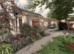 Naturalistyczny ogród w Ostrówku o powierzchni 2200 m², zaprojektowany przez Ogrody Magdalena Siemieniecka, czerpie z krajobrazu Karkonoszy