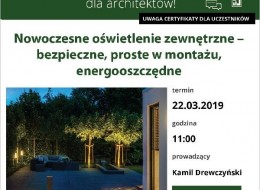 Zapraszamy na bezpłatne szkolenie dla architektów, studentów, wykonawców i wszystkich zainteresowanych tematyką, które odbędzie się 22 marca 2019 roku. Tematem webinarium, które poprowadzi firma Libet będzie nowoczesne oświetlenie zewnętrzne.