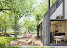 Naturalistyczny projekt ogrodu ze stawem kąpielowym i całorocznym domkiem, który łączy komfort wypoczynku z bliskością natury