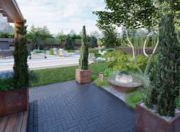 W prezentowanym projekcie to właśnie stal corten stała się jednym z głównych akcentów kompozycji, nadając przestrzeni charakter i szlachetną surowość.