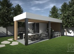 Ciekawa bryła altany o ażurowym zadaszeniu i lekkiej konstrukcji to projekt autorstwa pracowni MIA Studio. Wyjątkowa architektura komponuje się z nowoczesnym wyposażeniem zdominowanym przez biel i paletę szarości. Przyjemnie zaaranżowana przestrzeń stanowi doskonałe miejsce wypoczynku w letnie popołudnie. 