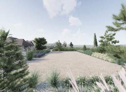 Czy można wyobrazić sobie ogród bez trawnika? Otóż tak – pracownia Landscape Architecture & Design na życzenie Inwestora przygotowała projekt, w którym zamiast trawy pojawia się nawierzchnia z kamienia.