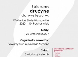 W sobotę 26 września 2020 roku na śródmiejskim odcinku Wisły vis-avis Multimedialnego Parku Fontann w warszawie odbędą się zawody Wioślarska Bitwa Warszawska 2020. 10. Puchar Wisły. W liczących ok. 1000 metrów regatach mogą wziąć udział wszystkie chętne drużyny. Stwórzmy więc swoją!