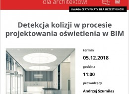 Zapraszamy na bezpłatne szkolenie dla architektów, studentów, wykonawców i wszystkich zainteresowanych tematyką, które odbędzie się 5 grudnia 2018 roku. Tematem webinarium dla architektów, które poprowadzi firma LUG będzie detekcja kolizji w procesie projektowania oświetlenia w BIM.