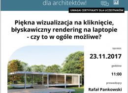 Podczas prezentacji przedstawione zostaną nowe funkcje programu Lumion 8 pozwalające na szybkie i piękne efekty. Równocześnie na drugim komputerze będą renderowane wizualizacje, panoramy 360 i animacja. Wszystkie renderingi będę dostępne do obejrzenia online w trakcie prezentacji i po.