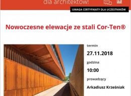 Zapraszamy na bezpłatne szkolenie dla architektów, studentów, wykonawców i wszystkich zainteresowanych tematyką, które odbędzie się 27 listopada 2018 roku. Tematem webinarium dla architektów, które poprowadzi firma Ruukki będą nowoczesne elewacje ze stali Cor-Ten®.