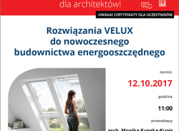 Zapraszamy na bezpłatne szkolenie dla architektów.
Firma: VELUX POLSKA
Termin: 12.10.2017, godz. 11:00