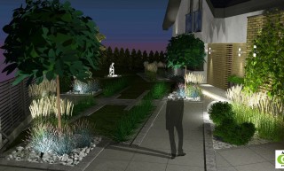 Projekt ogrodu minimalistycznego 1800m2 nocą w Olsztynie