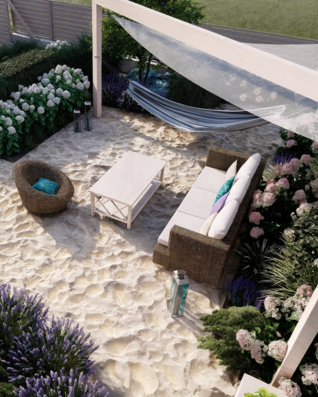 Ogród z plażą i miejscem do relaksu