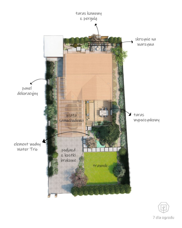 ogród z tarasem i pergolą projekt
