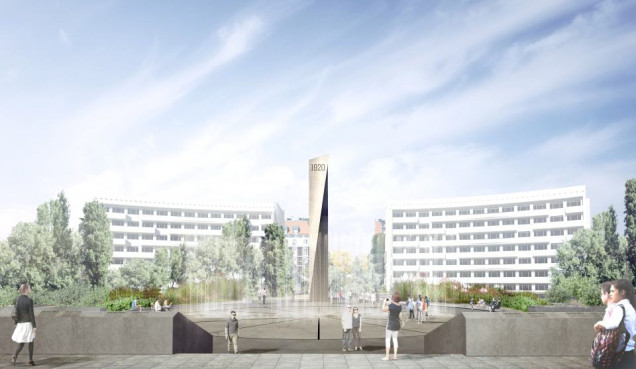 Warszawski plac Na Rozdrożu z pomnikiem Bitwy Warszawskiej 1920