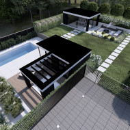 nowoczesny ogród z basenem, widok z góry na strefę spa
