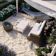 Ogród z plażą i miejscem do relaksu