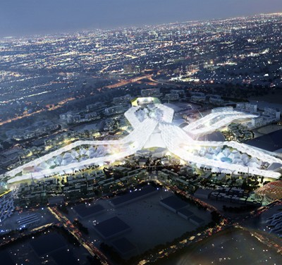 2 Dubai Expo_ Aerial Evening- Credit HOK Aerial view of the Dubai World Expo 2020 master plan at night
