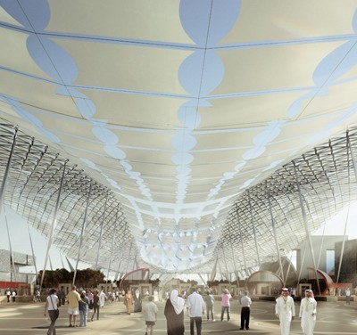 4 Dubai Expo_Entry from Metro - Credit HOK Main entrance from the metro station with the iconic photovoltaic fabric structure above