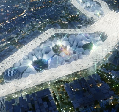 3 Dubai Expo_Souk and Shade Detail Night - Credit HOK Detail shot of HOK’s photovoltaic fabric structure, which will transform into an illuminated display of lights and digital imagery at night