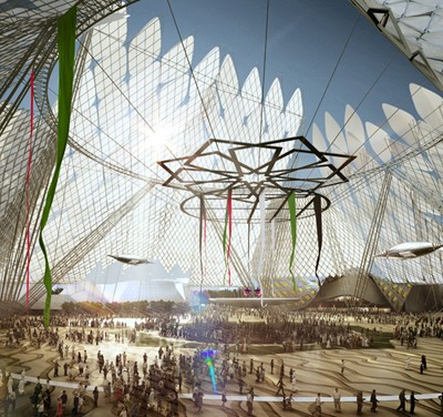 6 Dubai Expo_Al Wasl Plaza - Credit HOK Three pavilions symbolizing opportunity, sustainability and mobility stem from this central gathering space named Al Wasl Plaza